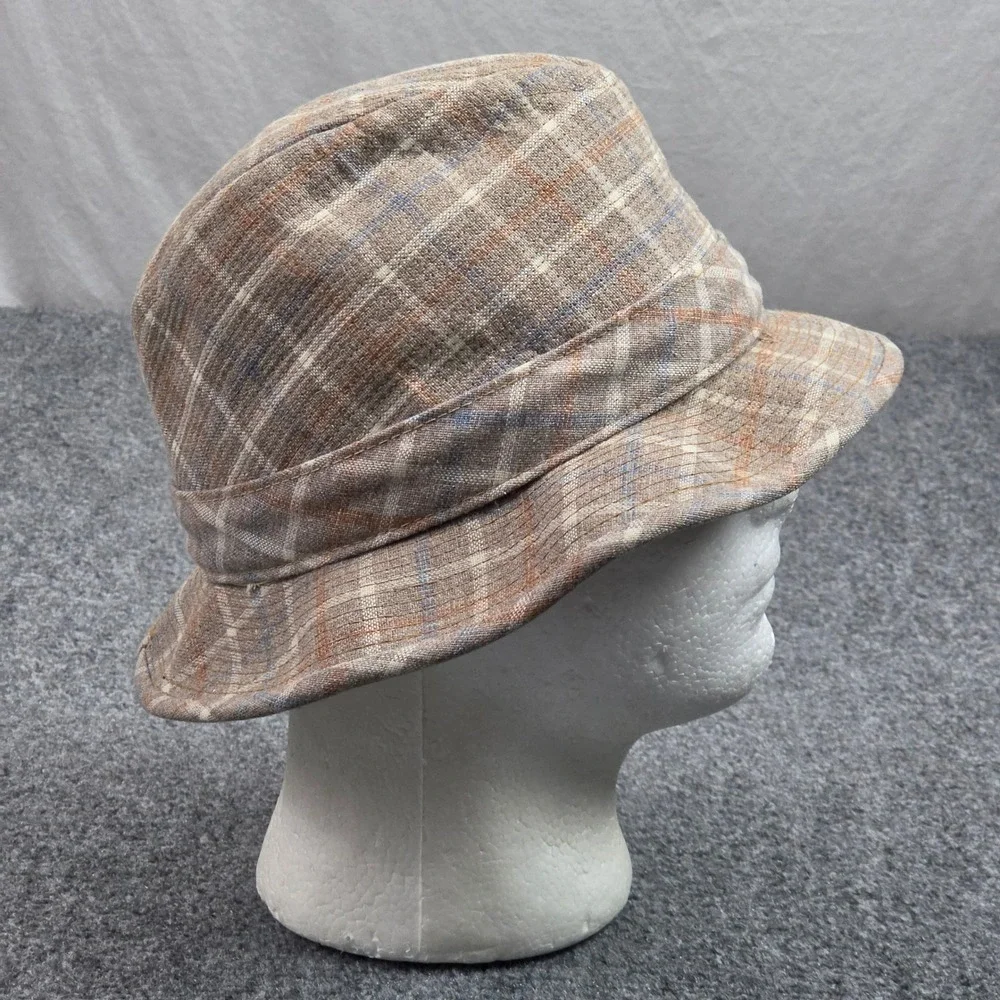 Vintage Cloche Bucket Hat Size 7 Tan Plaid Classic Cottagecore Old Money Grandma